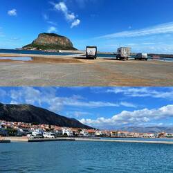 ..wir stehen am Hafen von Gefyra mit tollem Blick auf den Felsen 😃