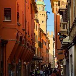 The clock tower of Palazzo d'Accursio — Bologna, Italy.