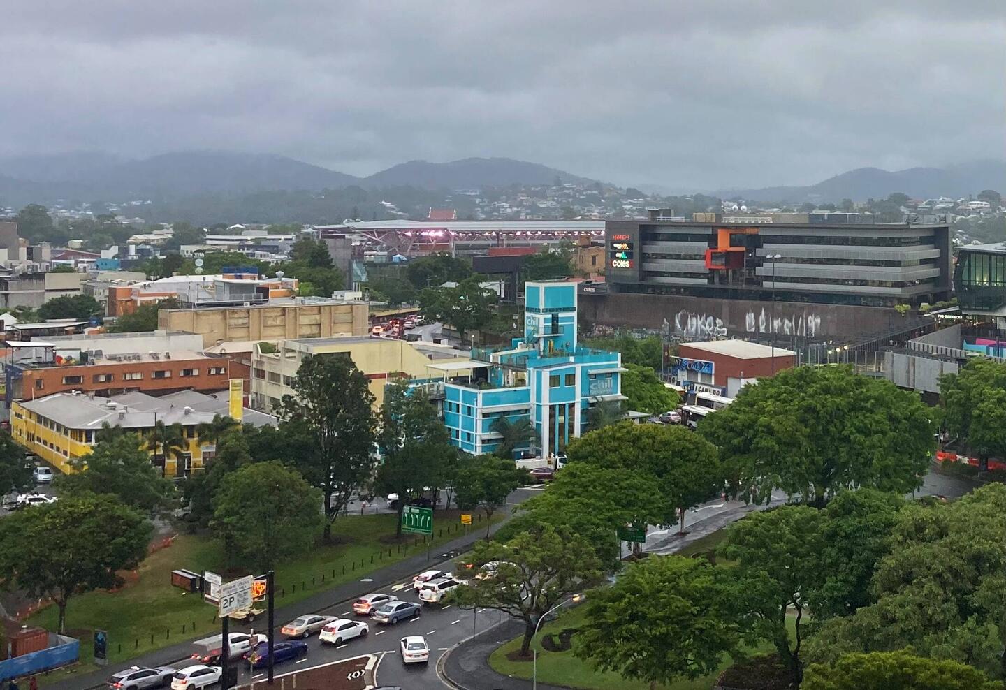 The stadium (with lights on) in relation to our hotel