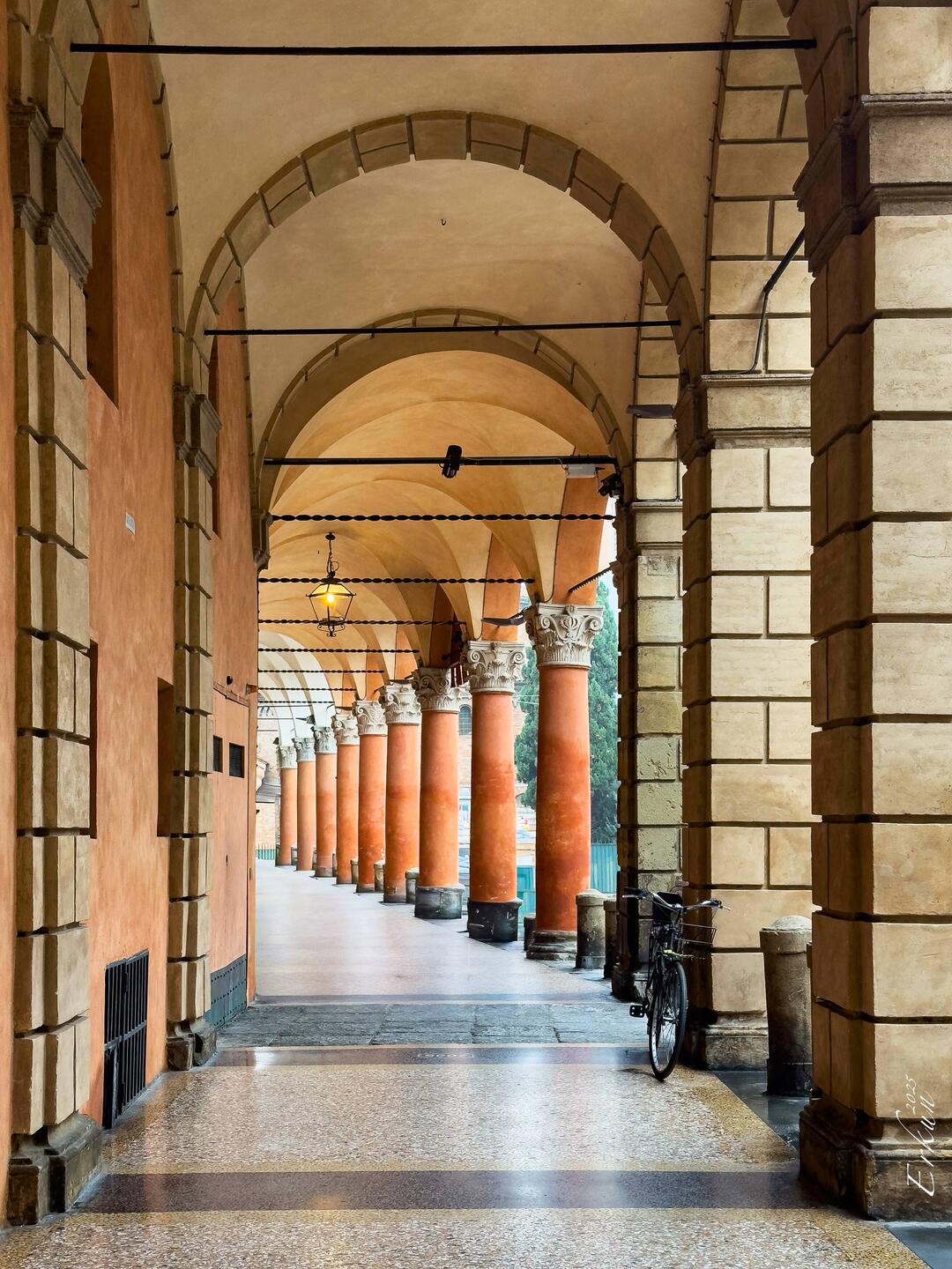Portico overlooking Piazza Santo Stefano — Bologna, Italy.