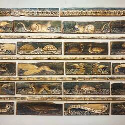 Collection of wooden shingles in the museum ... Basilica Santuario di Santo Stefano — Bologna.