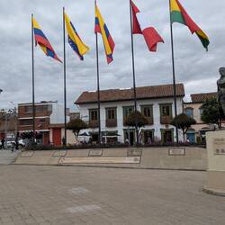 In Independence Plaza, flags of the 5 nations freed by Bolivar