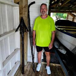 Tom with historic whaling tools