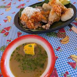 Typical lunch: chicken, beef, pork, yucca, avocado, salsa, broth, corn, etc
