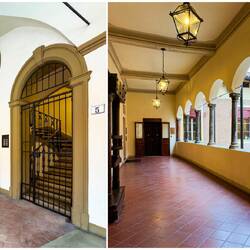 Ground floor entrance to the apartments (L); A covered terrace in the palazzo (R) — Bologna.
