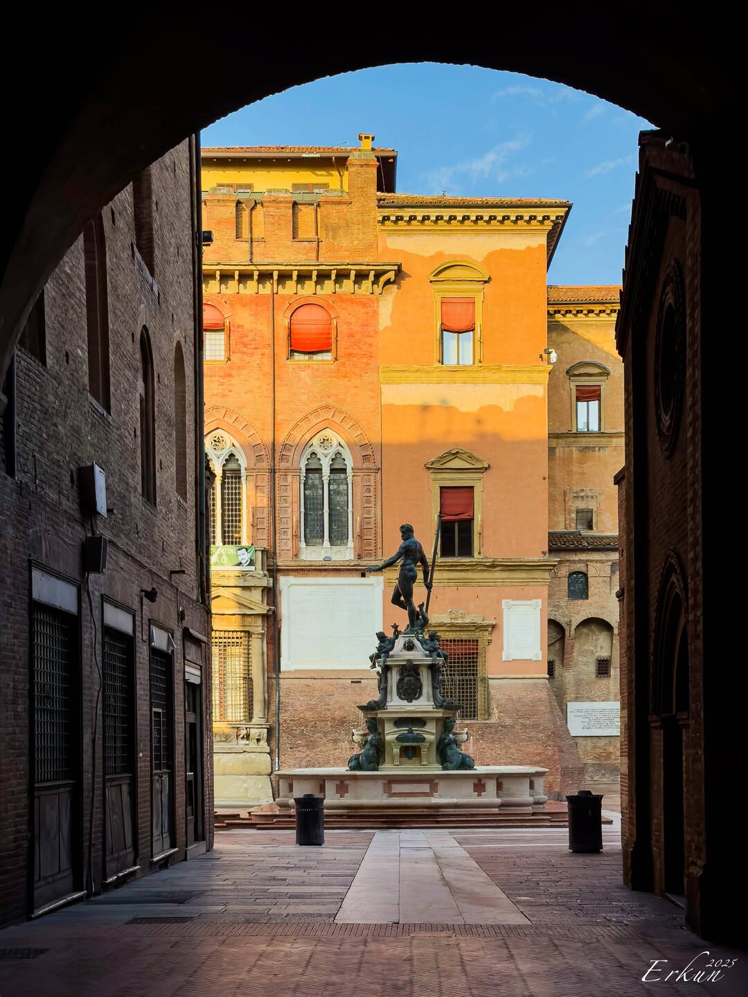 The restoration panels around the Neptune Fountain have been removed — Bologna, Italy.