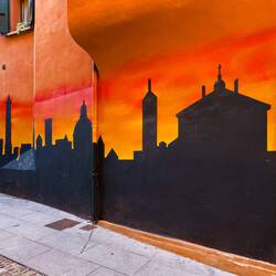 Colorful mural of the city skyline — Bologna, Italy.