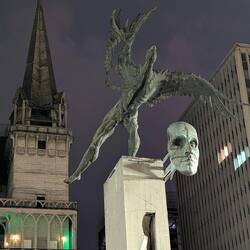 The multo famosa sculpture of Bolivar as a wounded condor (Columbia's national bird)