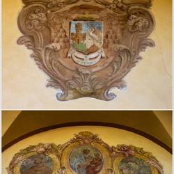 Two of the frescoes in restored arches — Bologna, Italy.