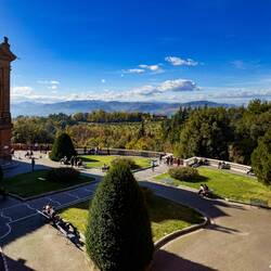 View near the entrance to the basilica at the Santuario di San Luca — Bologna, Italy.
