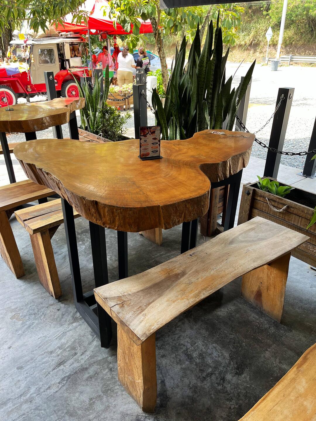 Tables at our stop rest stop were large slabs of cut trees