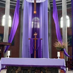 Local cathedral decorated for Lent. Stone altar