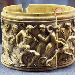 Sacred cup with scenes from the life of Dionysius ... Dionysius riding a car pulled by two panthers.