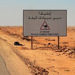 Hinweistafel an der Autobahn in der Westsahara