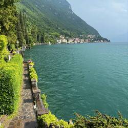 The garden extends down to the village