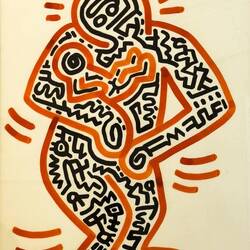Keith Haring's piece portrays a figure tenderly holding a child in its arms.
