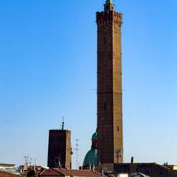 The Due Torri from the lower balcony of the clock tower — Palazzo d'Accursio.
