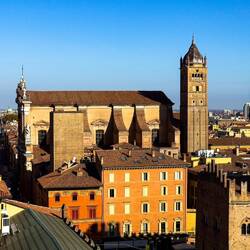 The big building is the Cathedral of Bologna ... from the clock tower — Palazzo d'Accursio.
