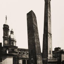 The leaning towers of Garisenda & Asinelli ... c. 1880 ... by P. Poppi.