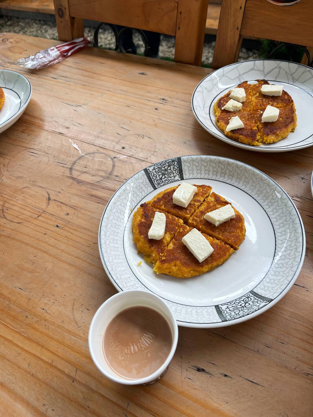 Corn pancake with cheese and hot chocolate -- all delicious!