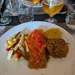 Grilled fish with criollo sauce & coconut rice.