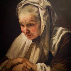 "Old Woman with Rosary Beads" (G. Gandolfi) — Capolavori Masterpieces Exhibit.