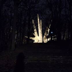 Das Denkmal bei Nacht. Es sieht wie ein Explosionsstern aus.