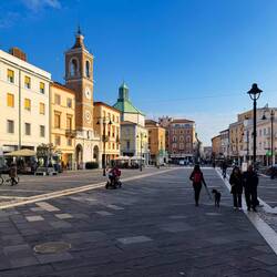 Piazza Tre Martiri is where the city's iconic clock tower is located — Rimini, Italy.