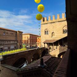 Villaggio Coldretti balloons from Palazzo Re Enzo — Bologna, Italy.