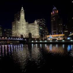 The Wrigley Building from the Chicago River Promenade — Chicago, Illinois.