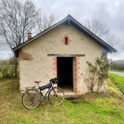 Charlie qui piaffe d'impatience devant une cabane de vigne à Brissac