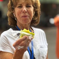 Jane enjoying a sticky rice treat