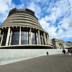 The Beehive next to the first parliament building. Sometimes incongruent can work?
