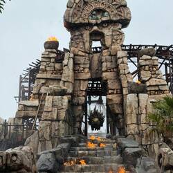 Entrance to Raging Spirits Roller Coaster - yes, running in the rain, filled with half clad Japanese