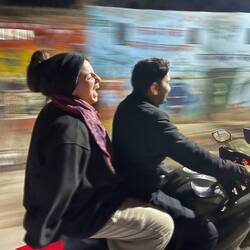 Laughing with Vishy on the bike