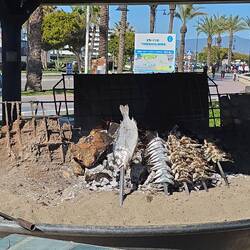 Im einem ehemaligen Boot wird Fisch 🐟🐠 gegrillt