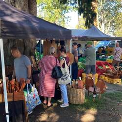 Wooden items and veg for sale