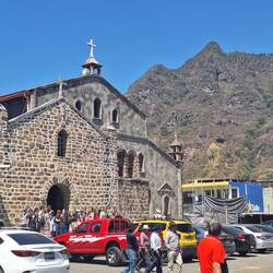 Church in San Juan with Mayan Nose mountain in the distance