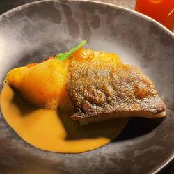 Black cod with annatto cream. Sauce Tasted lobster per dad. Parents liked better the lamb