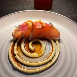 Ginger glazed torched fish with tamari and yuzu aioli, fried shallot, herb. Very good