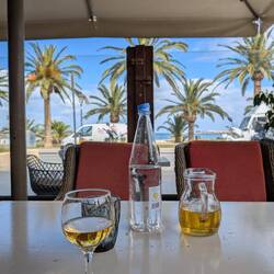 Palmen und das Kretische Meer. Wir sind über den Berg.