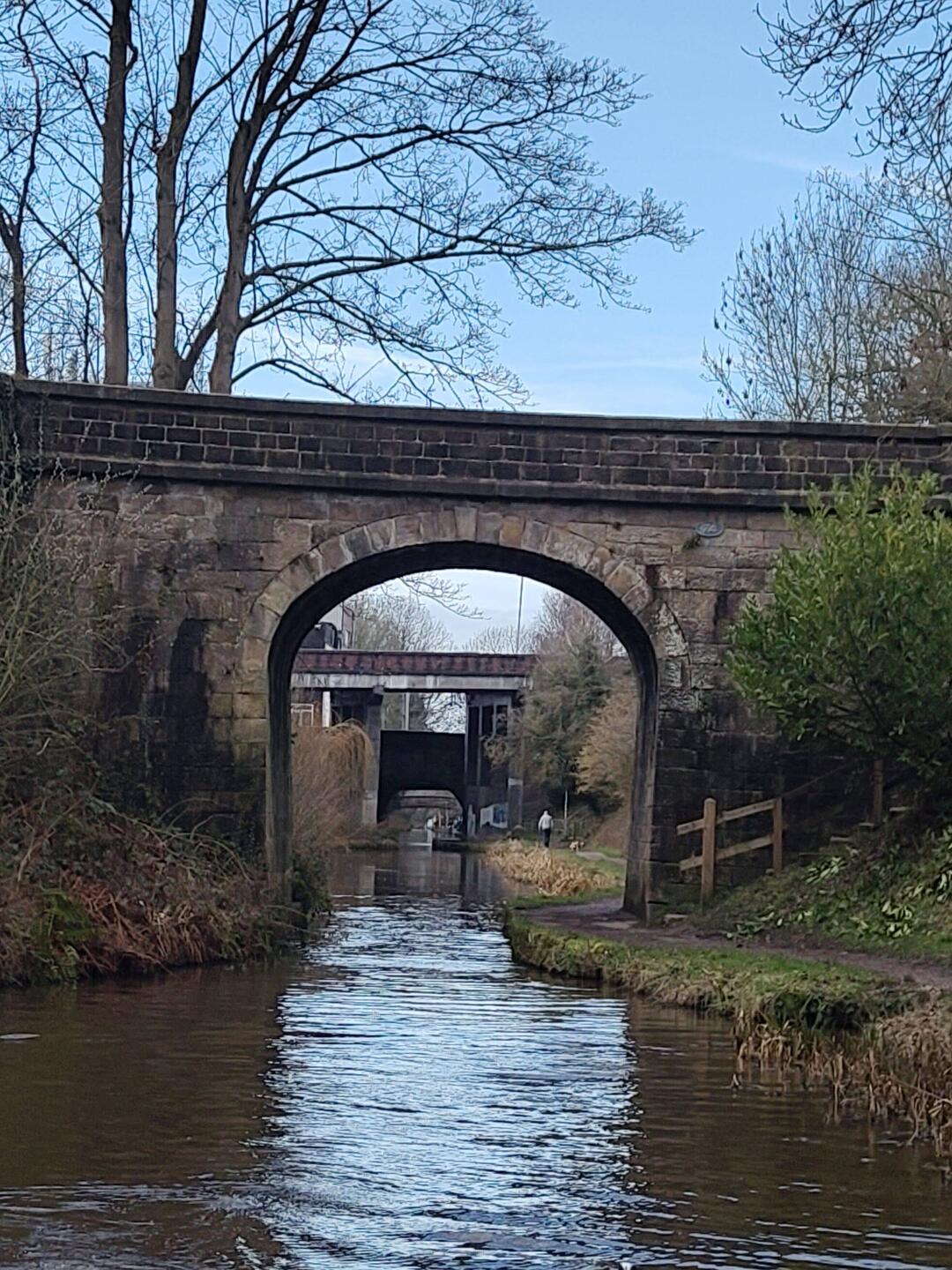 Bridge layers. F-B a road, flyover road, railway and pedestrian bridge looking back to Congleton.