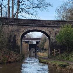 Bridge layers. F-B a road, flyover road, railway and pedestrian bridge looking back to Congleton.