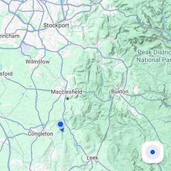 Screenshot of our position on a terrain map. You can see the Pennine Hills to the east and north