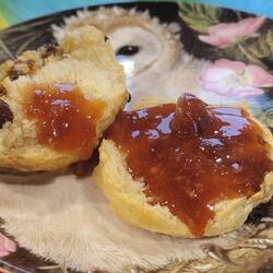 Freshly baked, warm fruit scone with honemade strawberry jam courtesy of Will