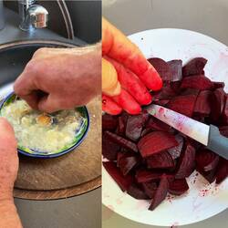 Vorbereitungen in vollem Gange..Knoblauch reiben und die frischen Rohnen in Salat verwandeln..😅