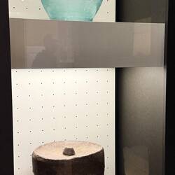 Rare 1st century stacked glass urn, metal urn holder