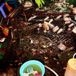 En dessous il y a un cours d'eau, tellement rempli de déchets qu'on ne voit même plus l'eau 😥