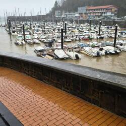 Hafen mit braunem Wasser, vom Regen ins Becken gespült