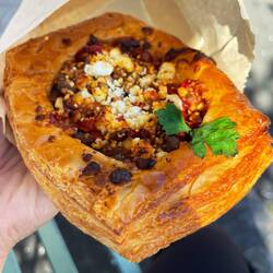 Bell pepper, fennel sausage, feta danish